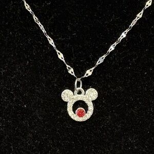 Rhinestone Minnie Mouse w/ruby red birthstone charm necklace